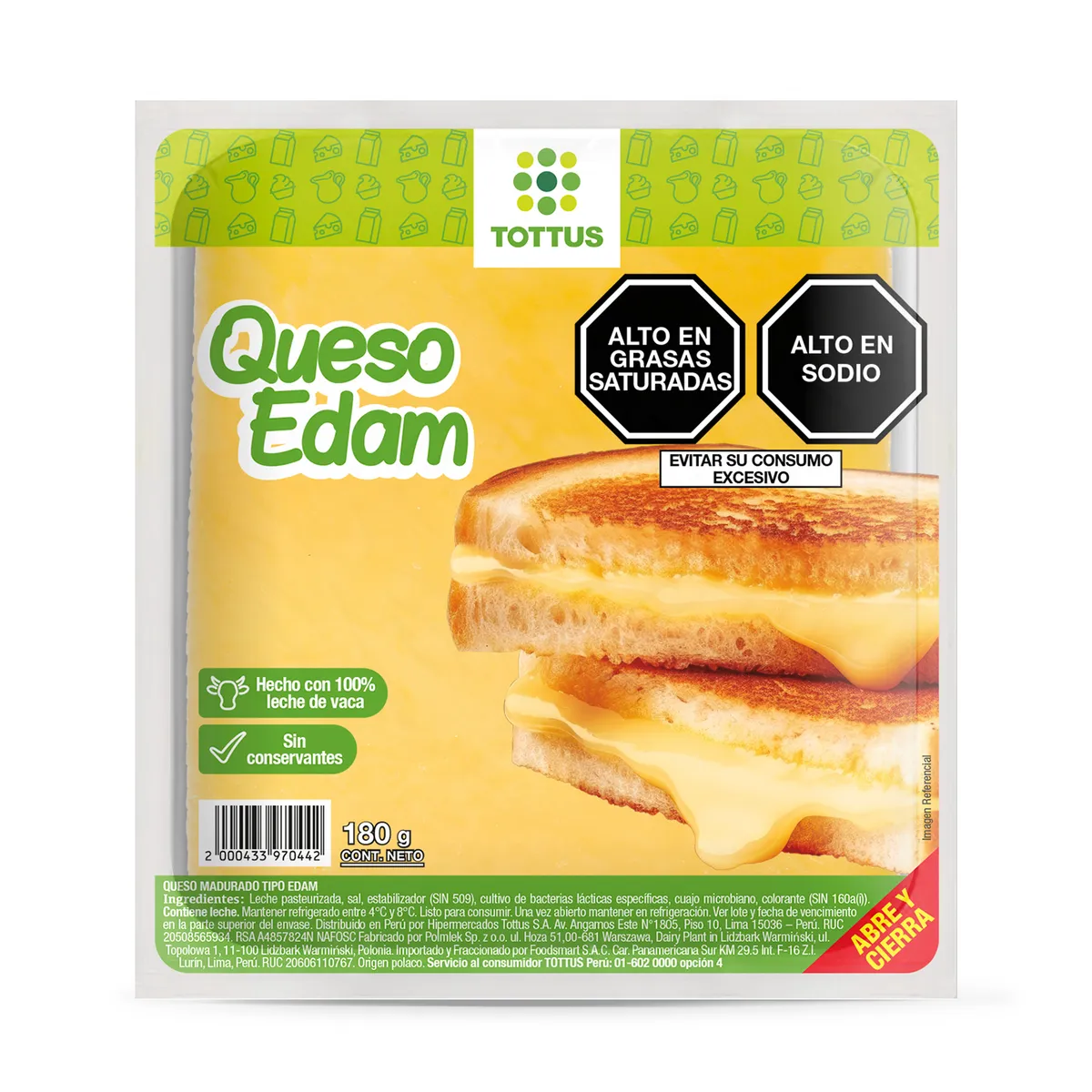 TOTTUS - Queso Edam en Tajadas Tottus Empaque 180 g