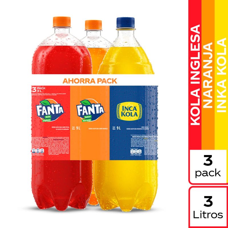 FANTA - Gaseosas Fanta Naranja + Fanta Kola Inglesa + Inca Kola 3L
