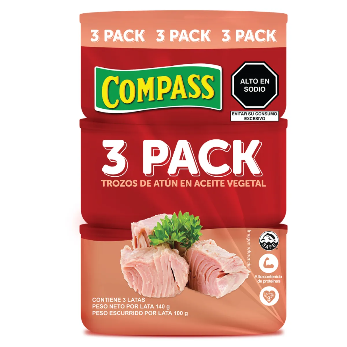 COMPASS - Trozos de Atún Compass Aceite Vegetal Pack 3 Latas 140 g