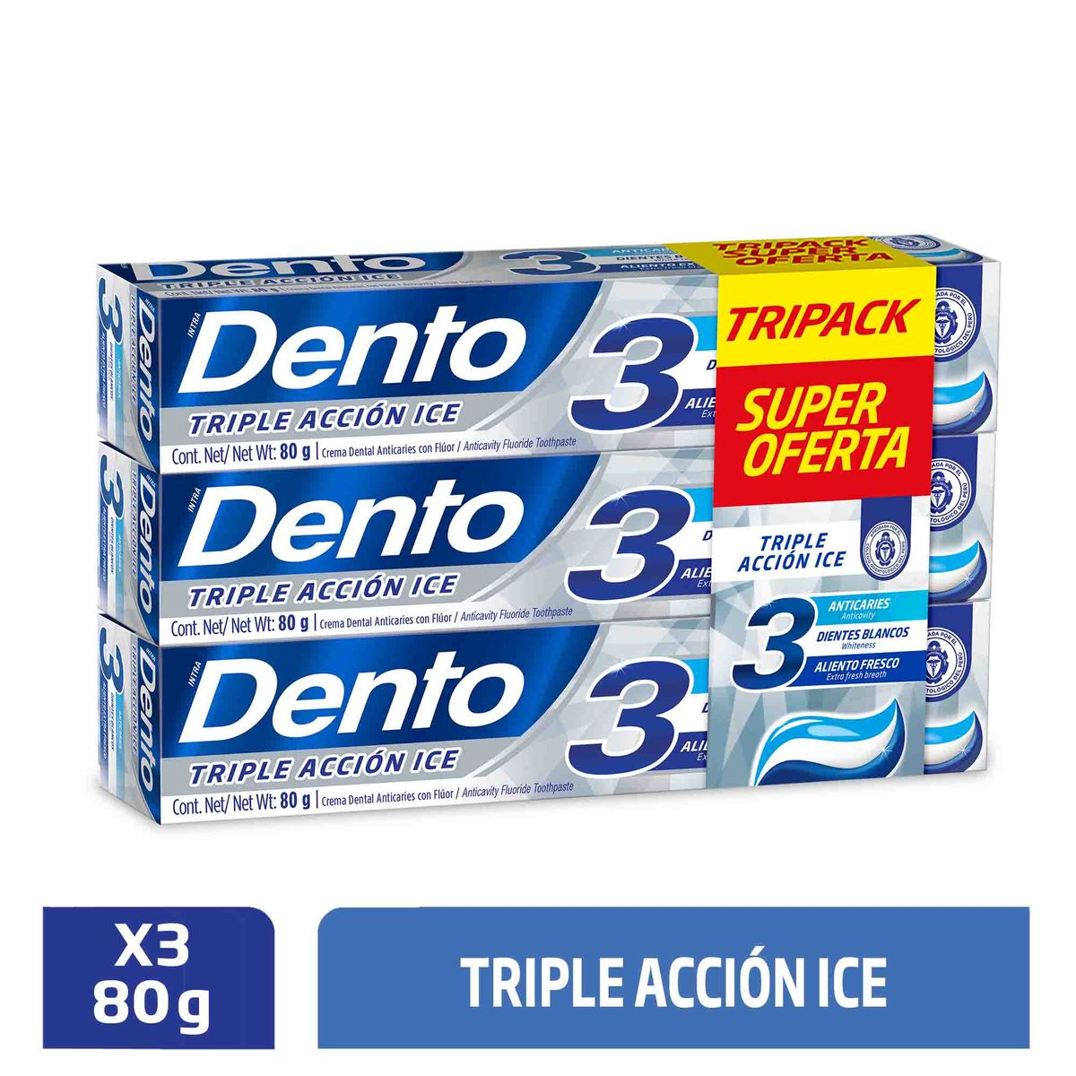 DENTO - Pasta Dental Dento Triple Acción Ice Tripack Caja 80 g