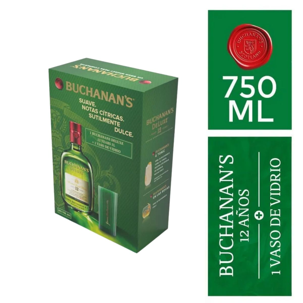 BUCHANANS - Whisky Buchanans 12 años 750 mL + 2 Vasos Vidrio