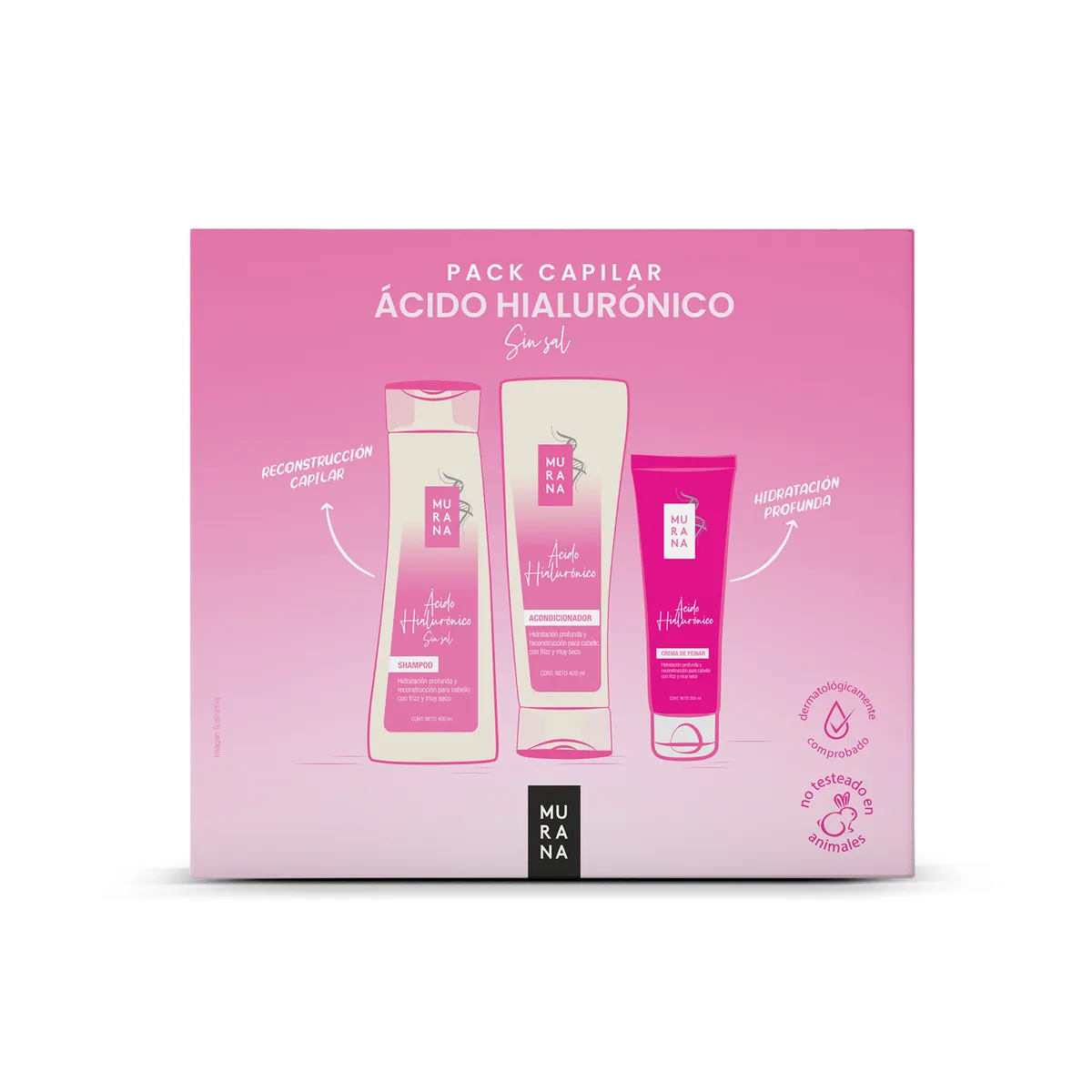 MURANA - Pack Murana Hialurónico Shampoo 400 mL + Acondicionador 400 mL + Crema para Peinar 400 mL