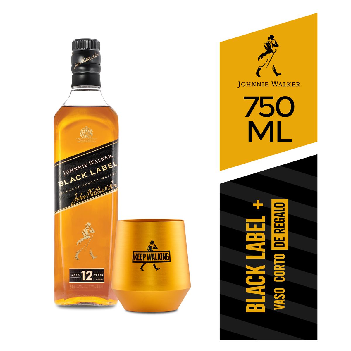 JOHNNIE WALKER - Whisky Johnnie Walker Black Botella 750 mL + 1 Vaso Corto