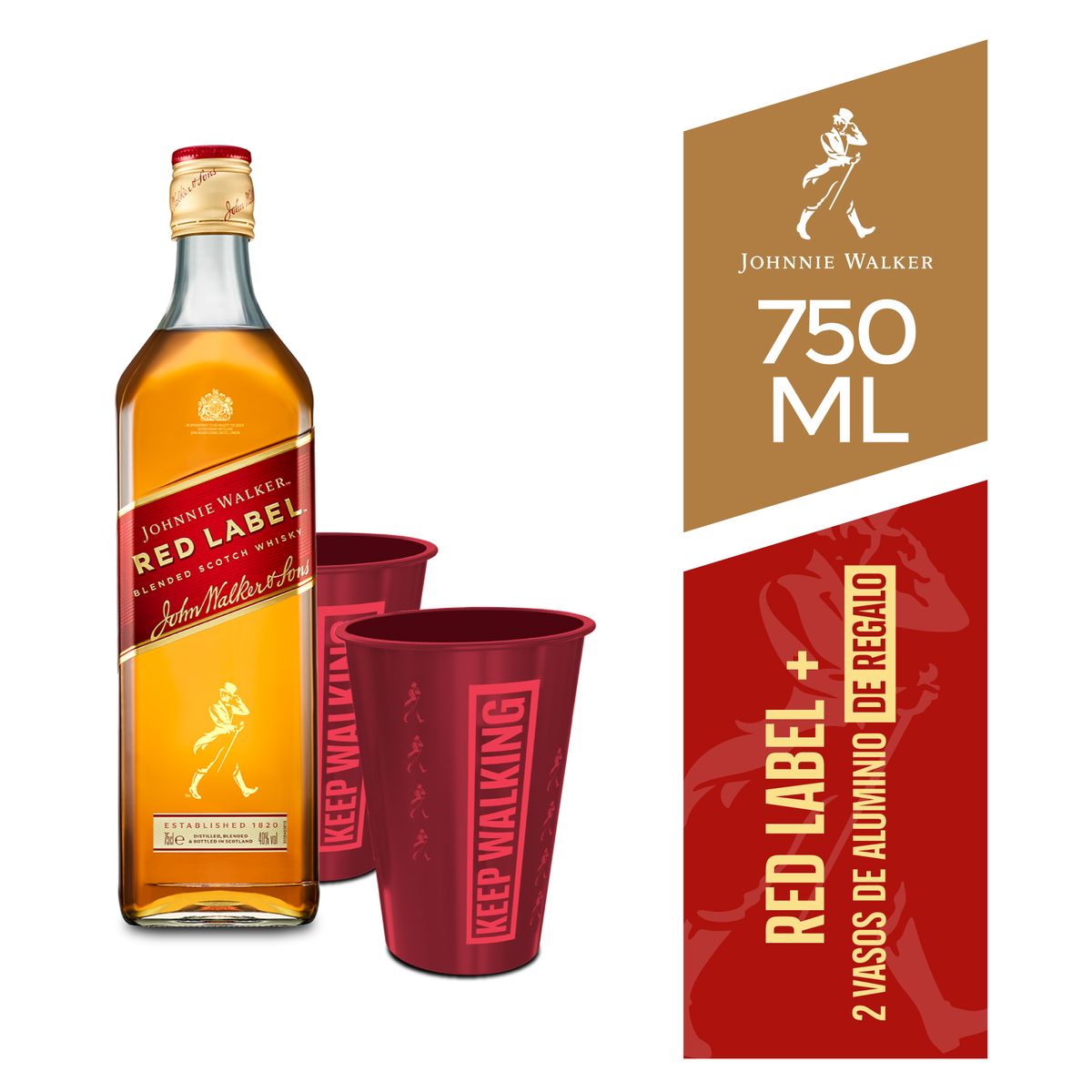 JOHNNIE WALKER - Whisky Johnnie Walker Red Botella 750 mL + 2 Vasos Rojos Bandeo