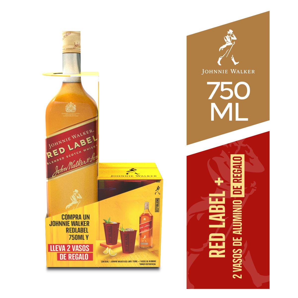 JOHNNIE WALKER - Whisky Johnnie Walker Red Botella 750 mL + 2 Vasos Rojos Bandeo