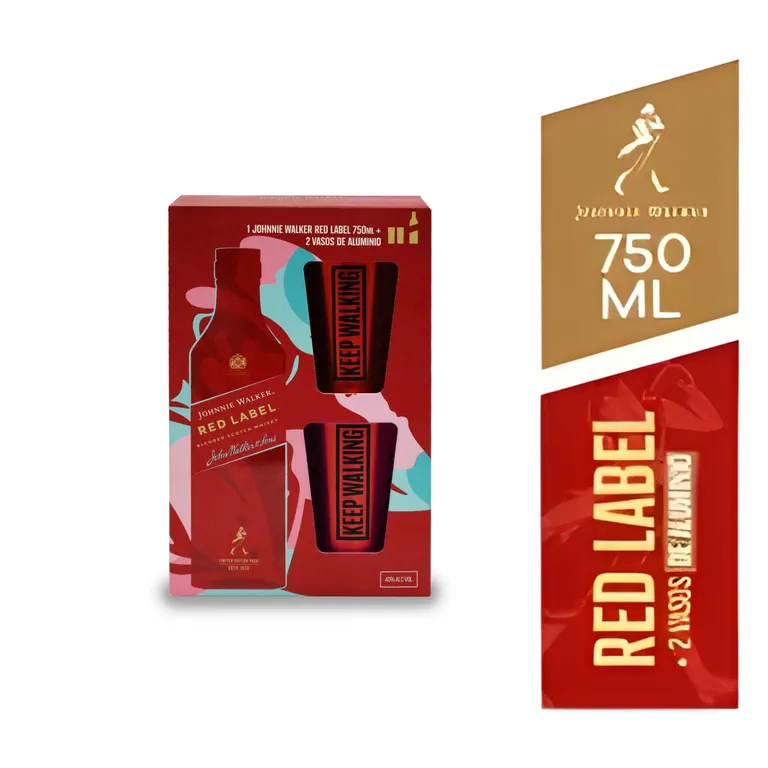 Whisky Johnnie Walker Red 750 mL + 2 Vasos Rojos | Tottus Perú