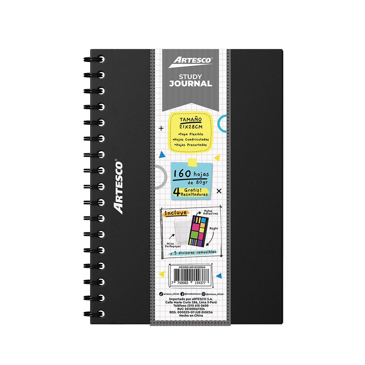 ARTESCO - Study Journal Artesco Negro + 4 Resaltadores Neón