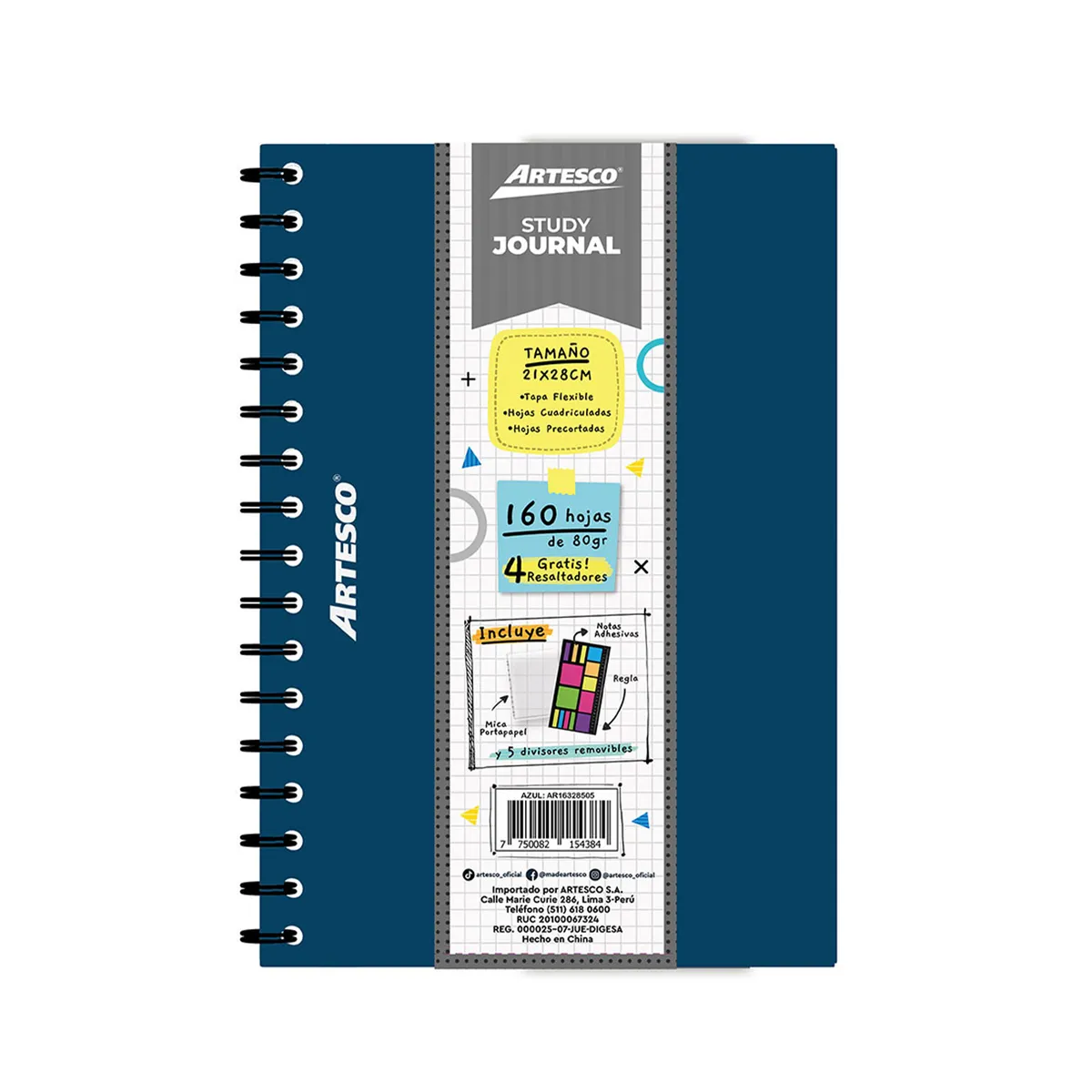 ARTESCO - Study Journal Artesco Azul + 4 Resaltadores Neón