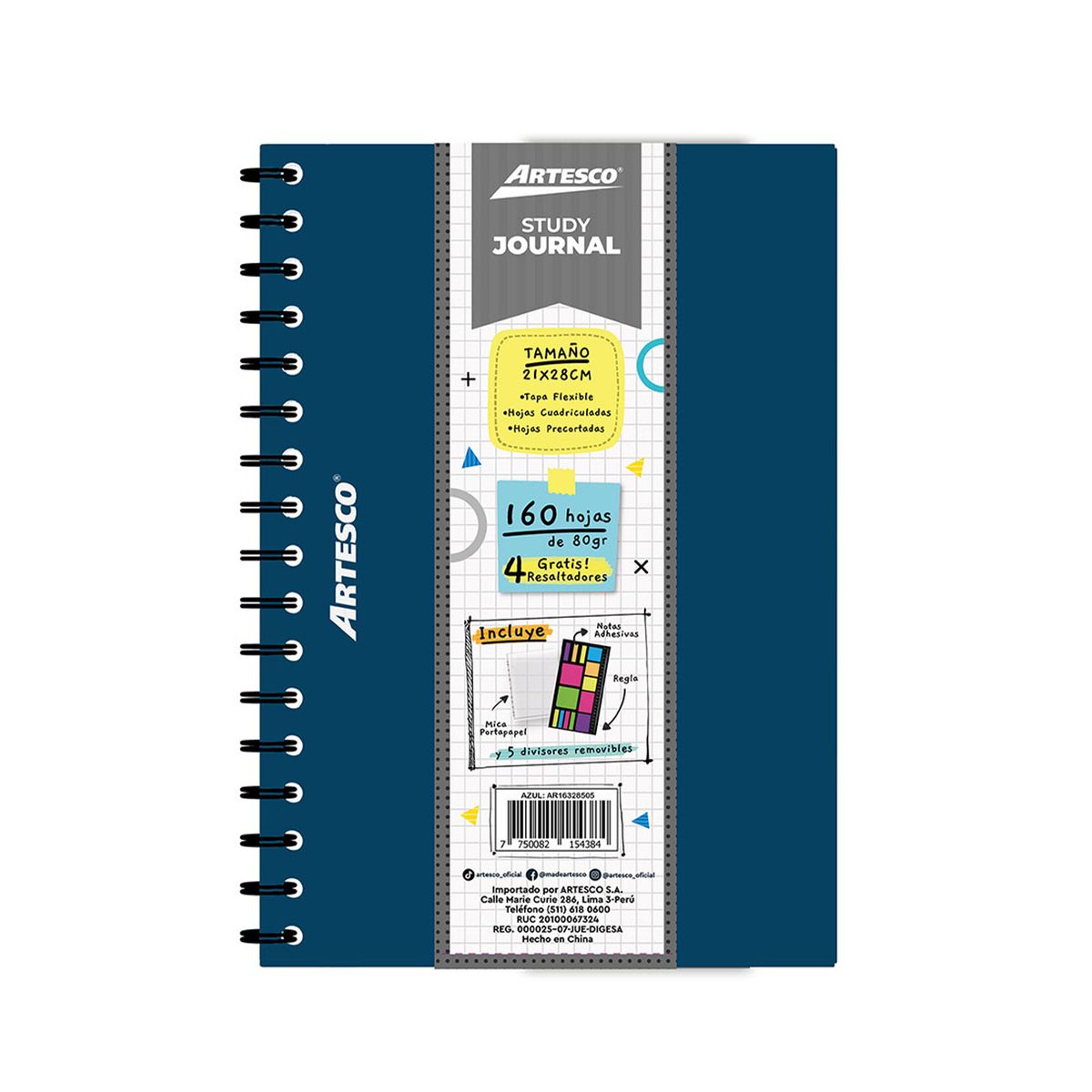 ARTESCO - Study Journal Artesco Azul + 4 Resaltadores Neón