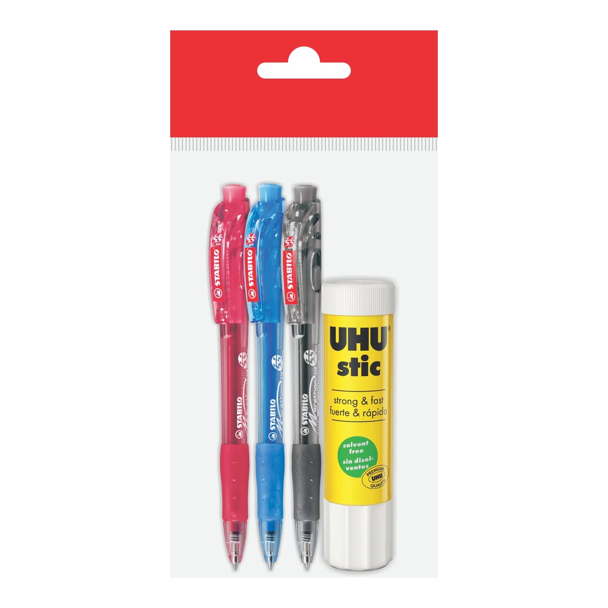 STABILO - Pack Stabilo 3 Lapiceros Azul Rojo Negro + Goma Barra UHU 21 g