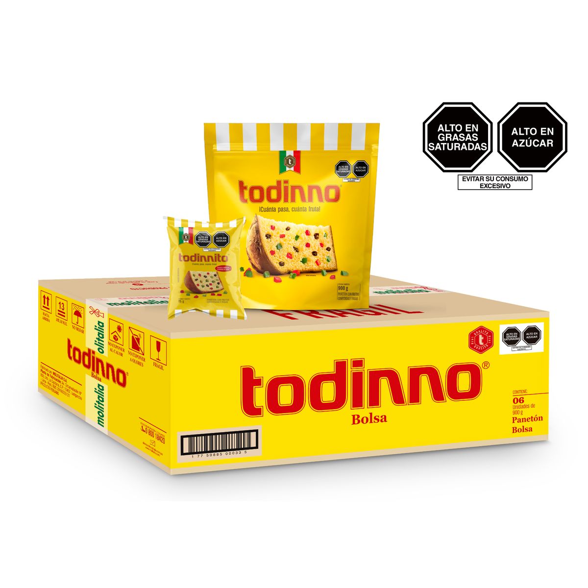 TODINNO - Caja 6 Panetón Bolsa Todinno 900 g +Todinnito 85g