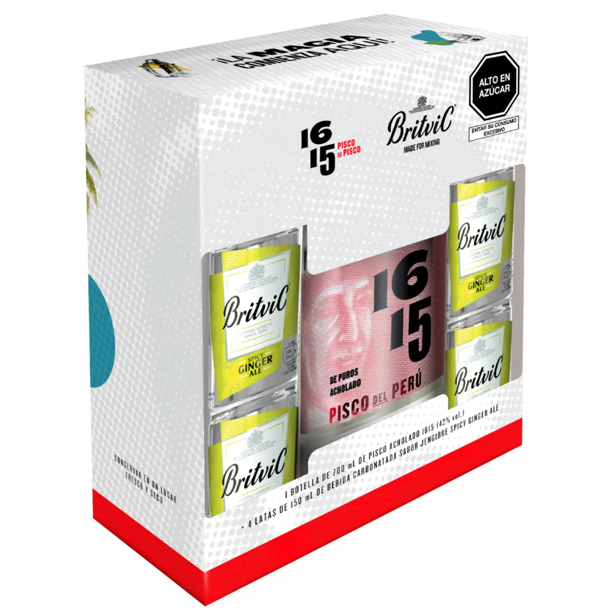 1615 - Pisco Acholado 1615 700 mL + Ginger Ale Britvic 4 Latas 150 mL