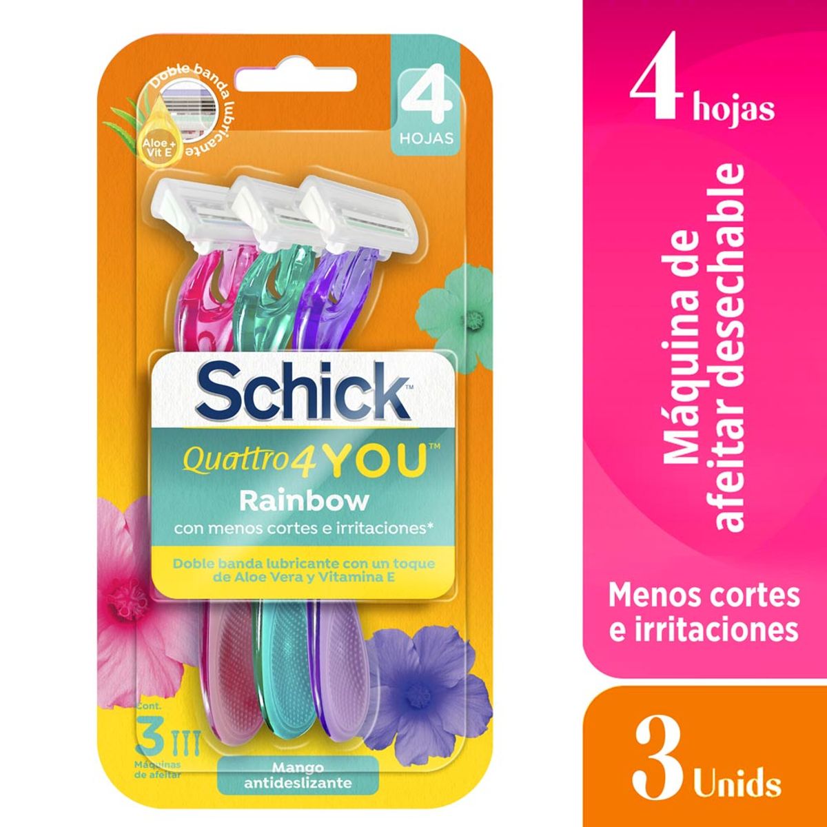 SCHICK - Máquina de Afeitar Shick Quattro You Rainbow Pack 3 Und