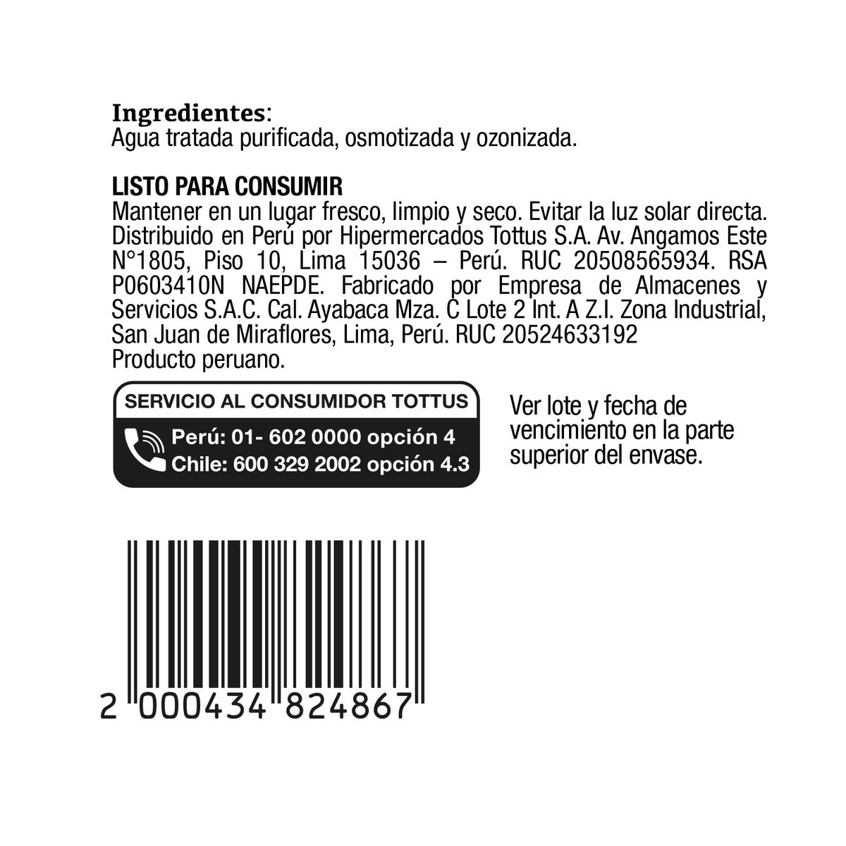 TOTTUS - Agua Tottus Sin Gas Botella 2.5 L