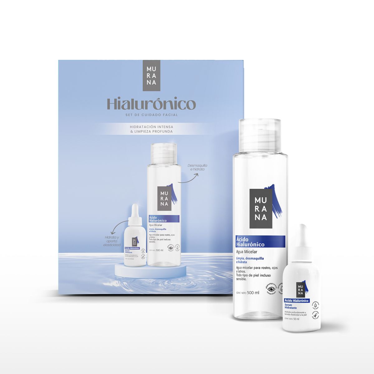 MURANA - Set Facial Murana Hialurónico Agua Micelar 500 mL + Sérum Hidratante 50 mL