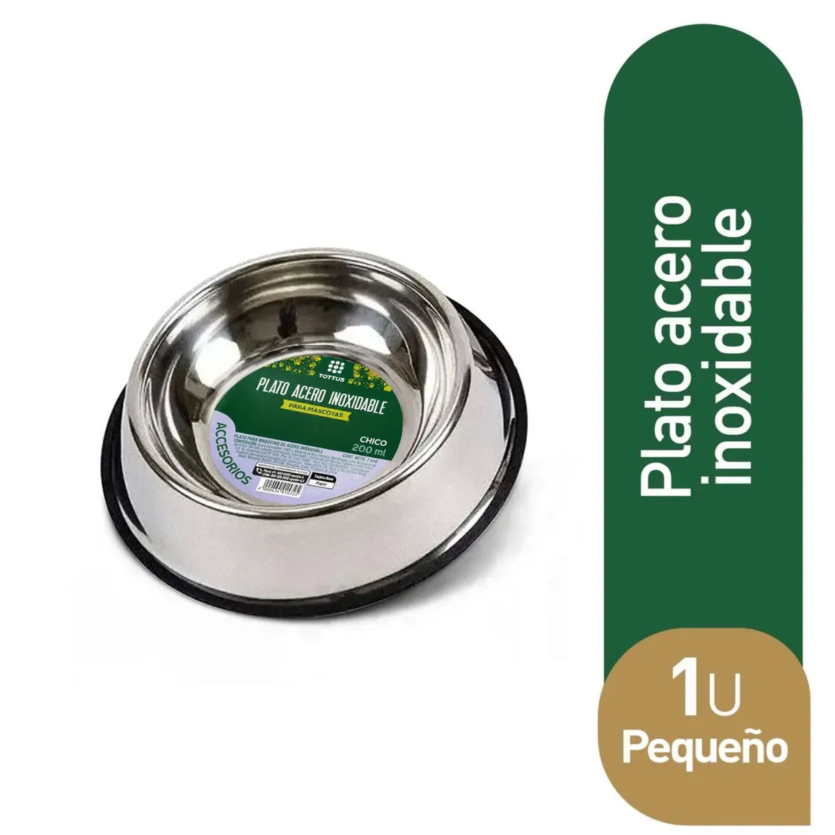 TOTTUS - Plato de Acero Inoxidable Mascotas Tottus Pequeño