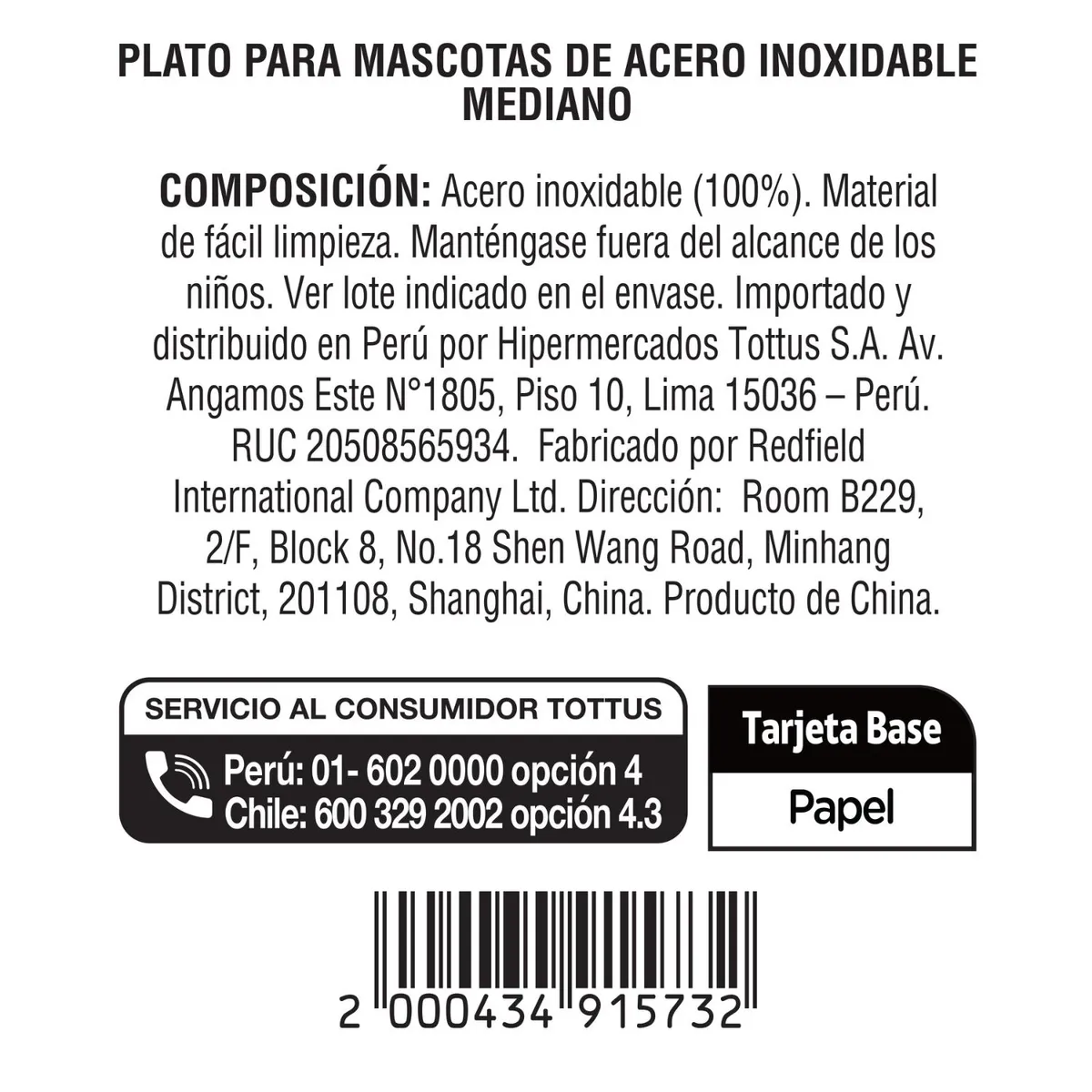 TOTTUS - Plato de Acero Inoxidable Mascotas Tottus Mediano
