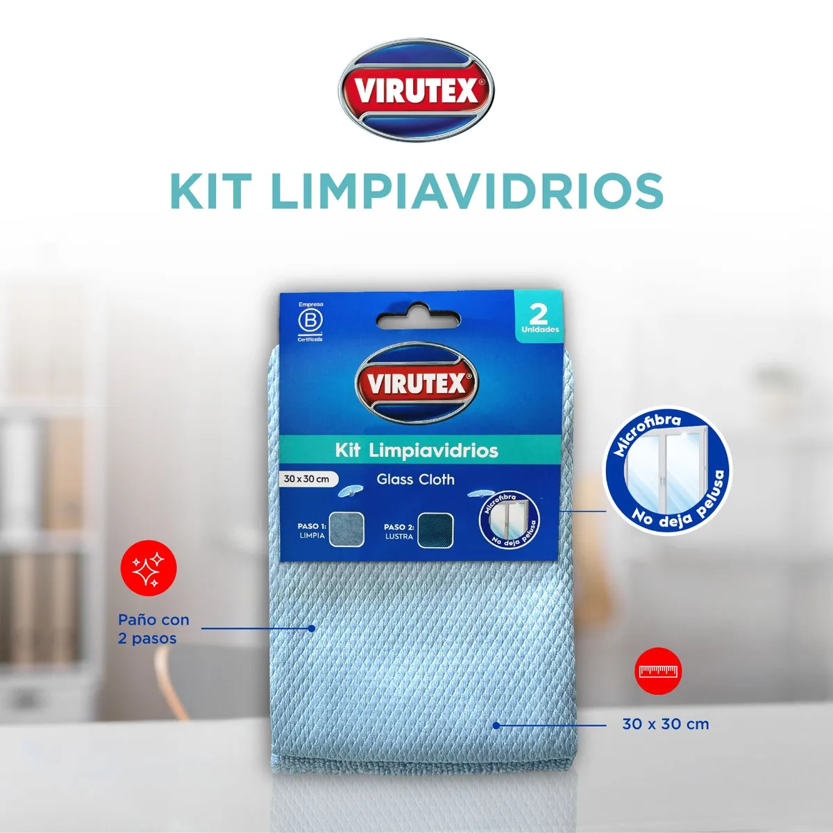 VIRUTEX - Kit Limpiavidrios de Microfibra Virutex Empaque 2 Und
