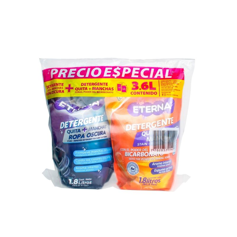 ETERNA  - Pack Detergente Líquido Eterna Ropa Oscura 1.8 L + Bicarbonato 1.8 L