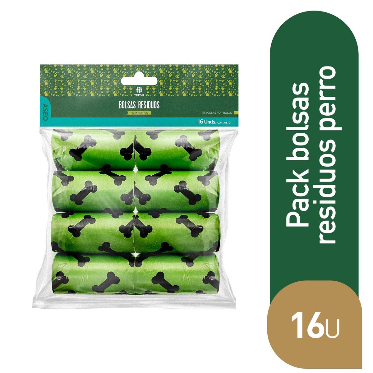 TOTTUS - Bolsas para Residuo de Perro Tottus Pack 16 Rollos