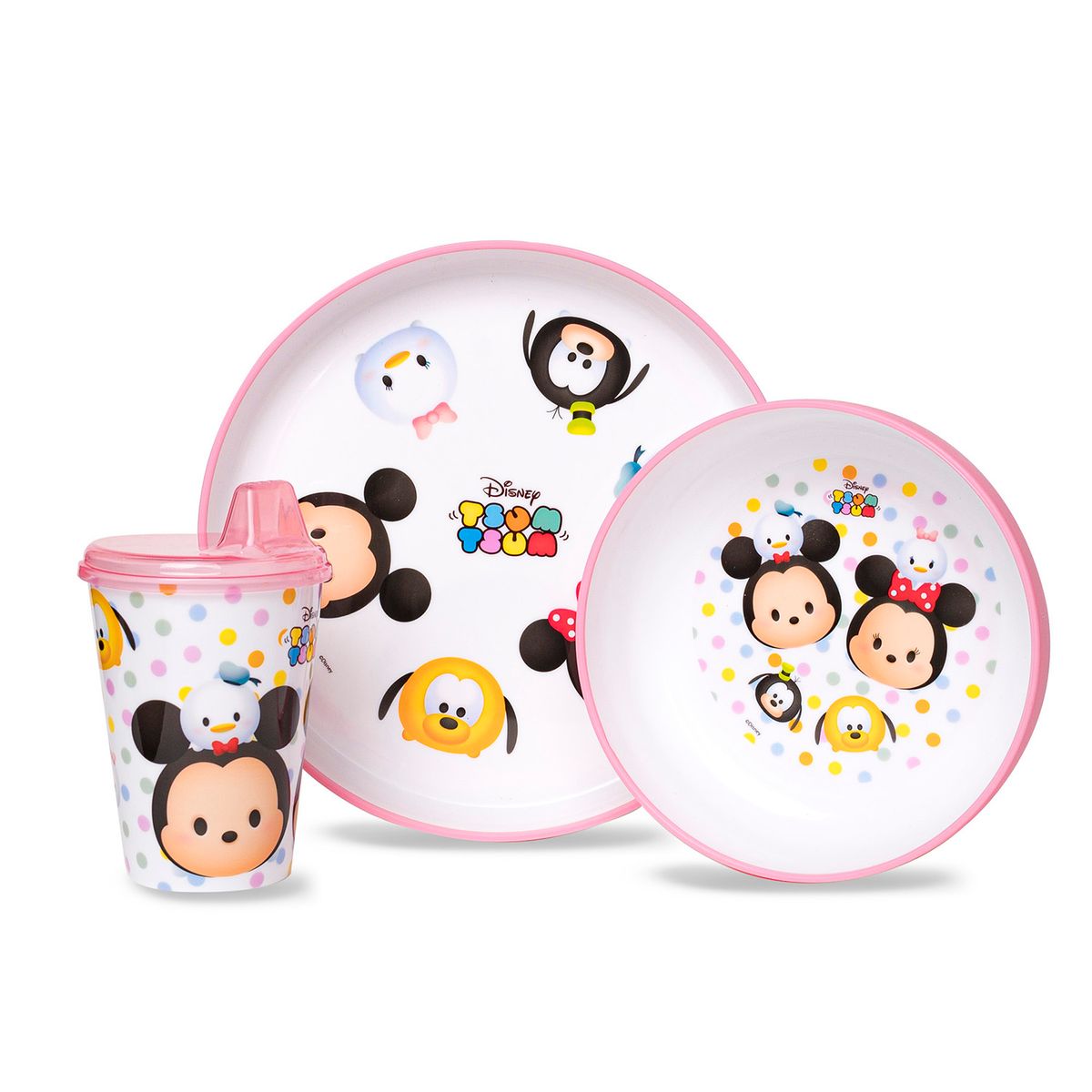DISNEY - Set Vajilla y Vaso Tsum Tsum Rosado 3 Pzas