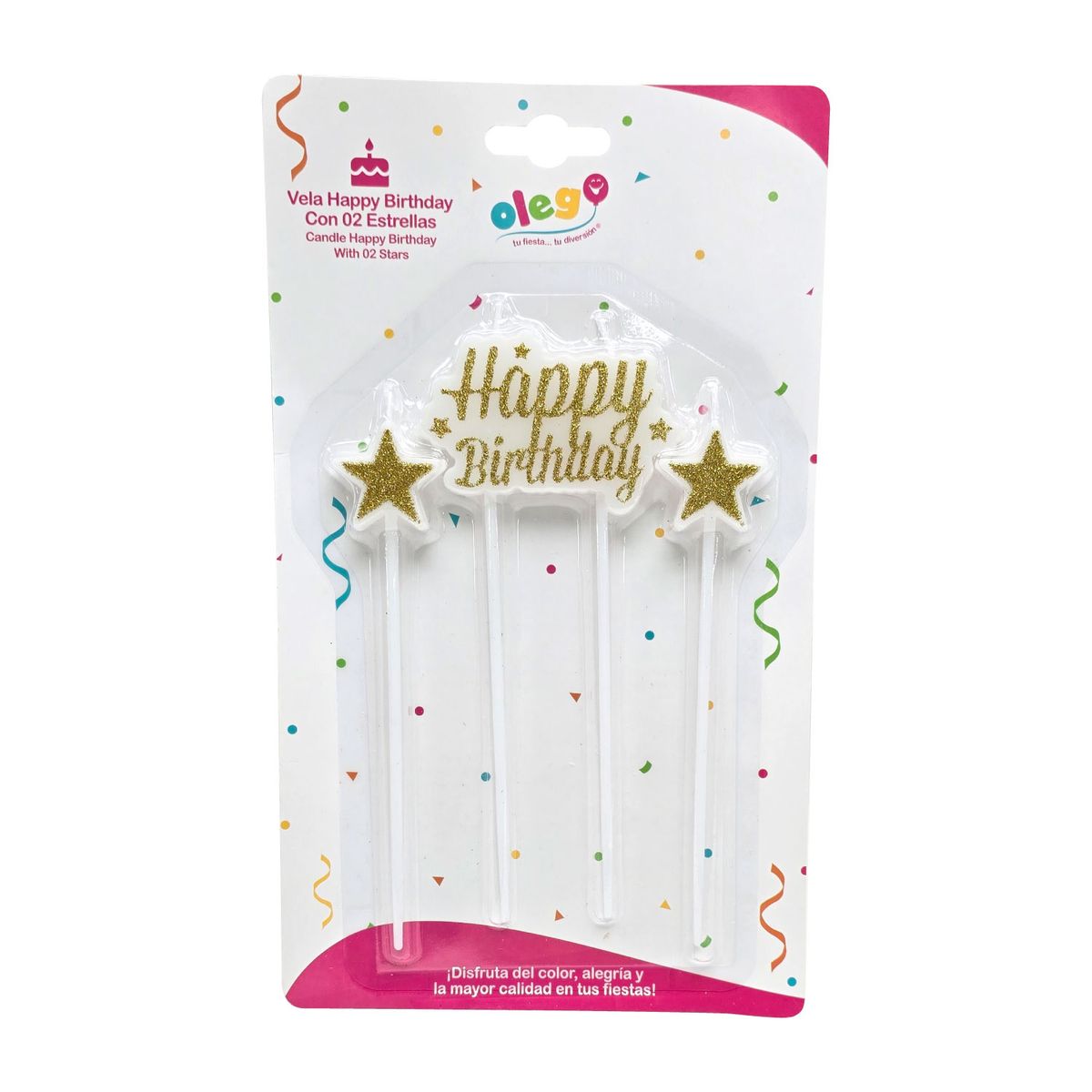 OLEGO - Vela De Cumpleaños Olego Happy Birthday Con Dos Estrellas De Oro Unidad