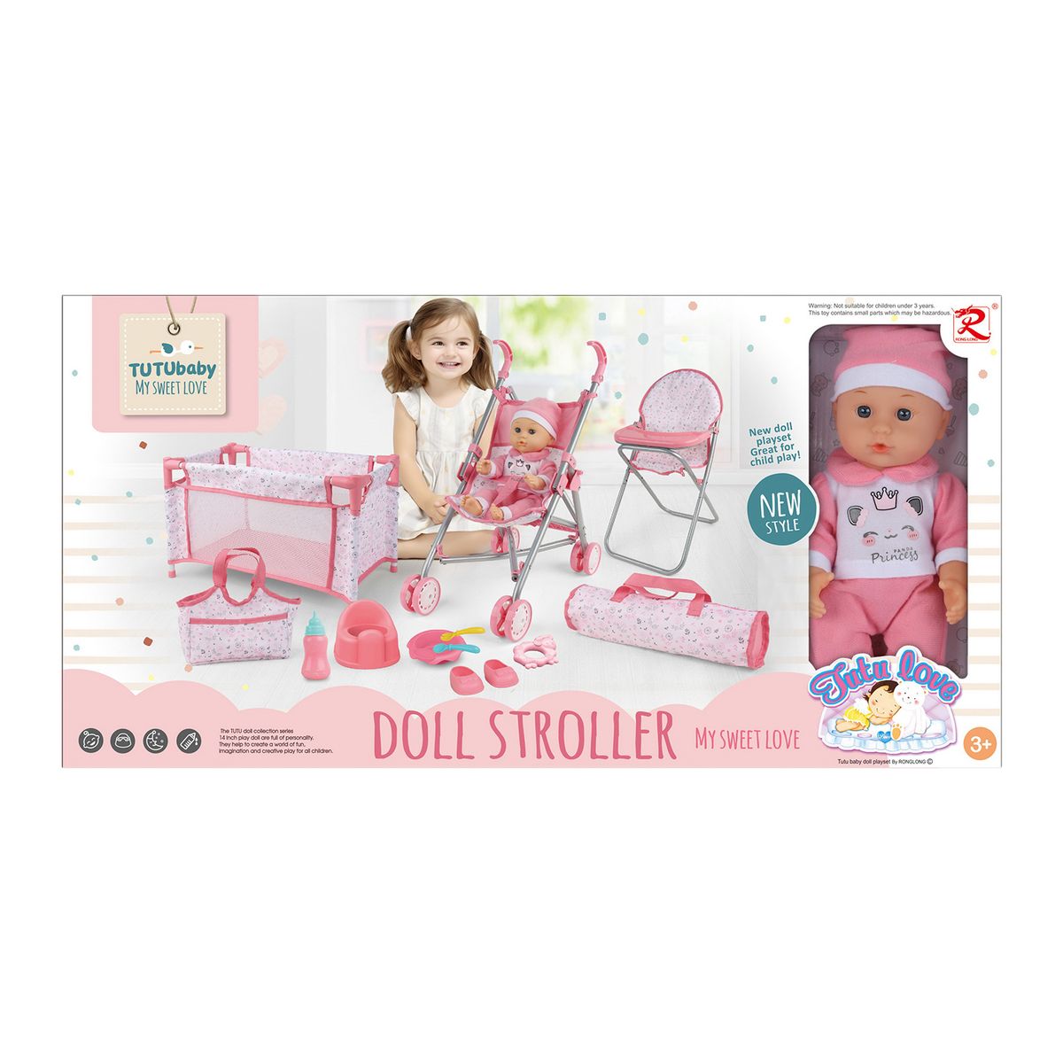 RONG LONG - Muñeca 30 cm con Coche Silla y Corral