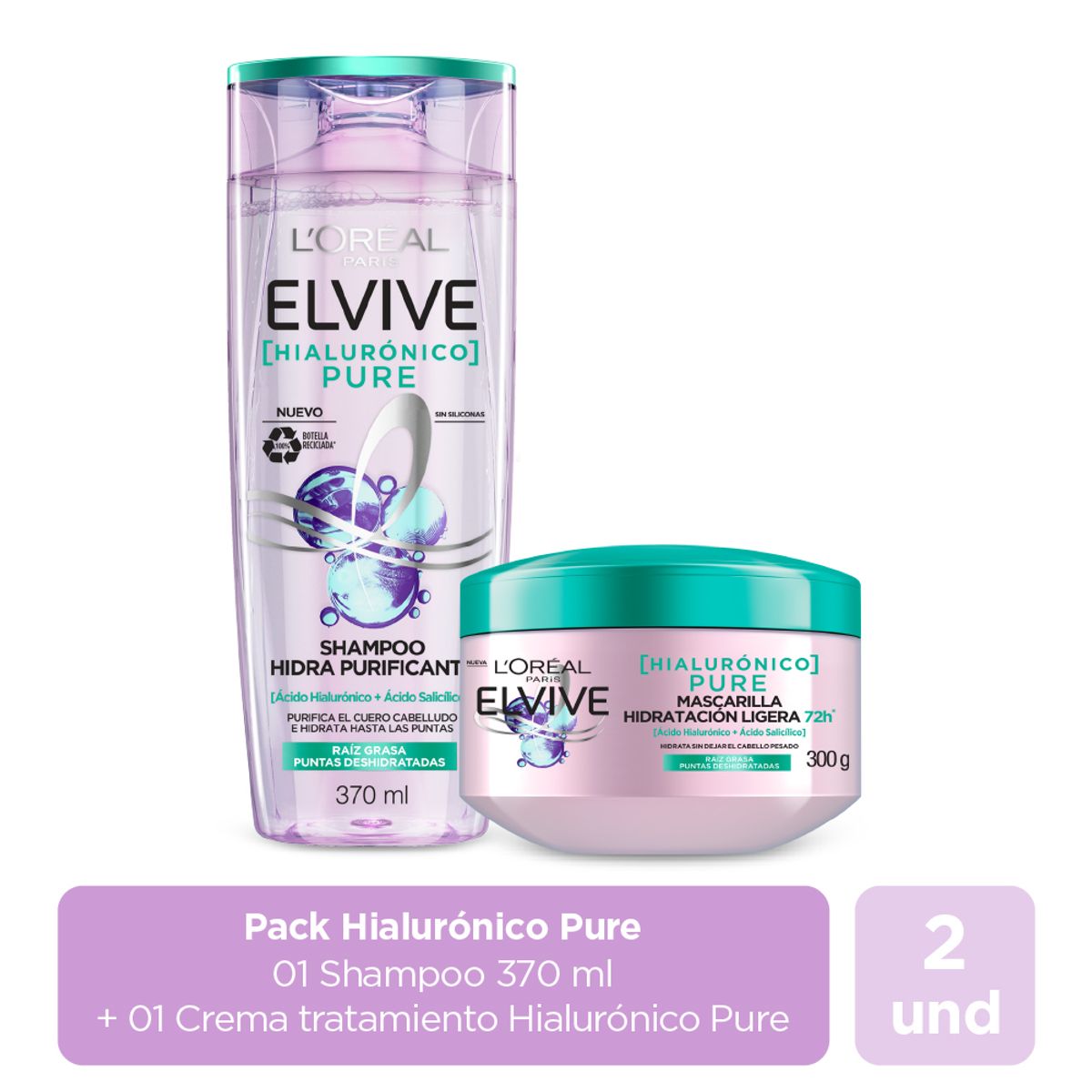 ELVIVE - Pack Elvive Hialurónico Pure Shampoo 370 mL + Crema Tratamiento 300 g