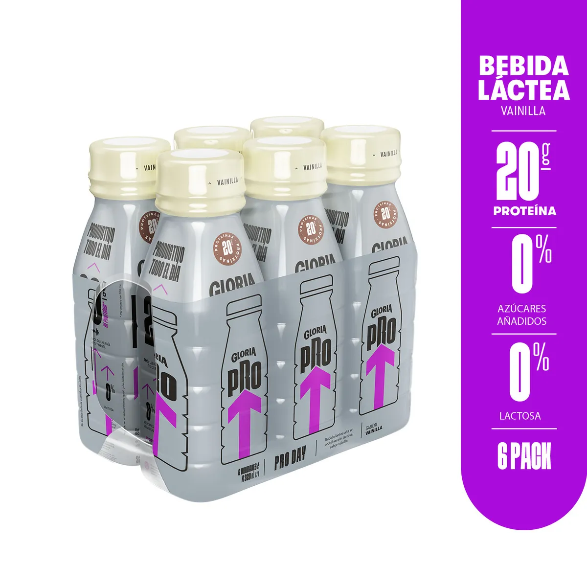 GLORIA PRO - Bebida Láctea Gloria Pro Day Vainilla Sixpack Botella 320 mL