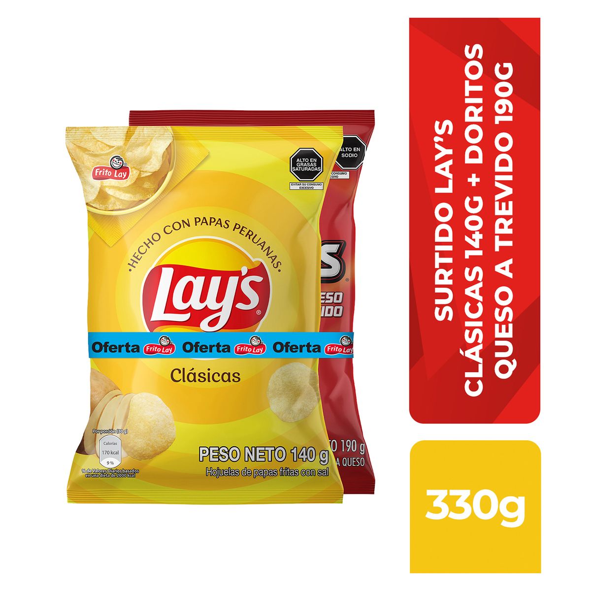 FRITO LAY - Combo Lays Clásicas Sal 140 g + Doritos Queso Atrevido 190 g