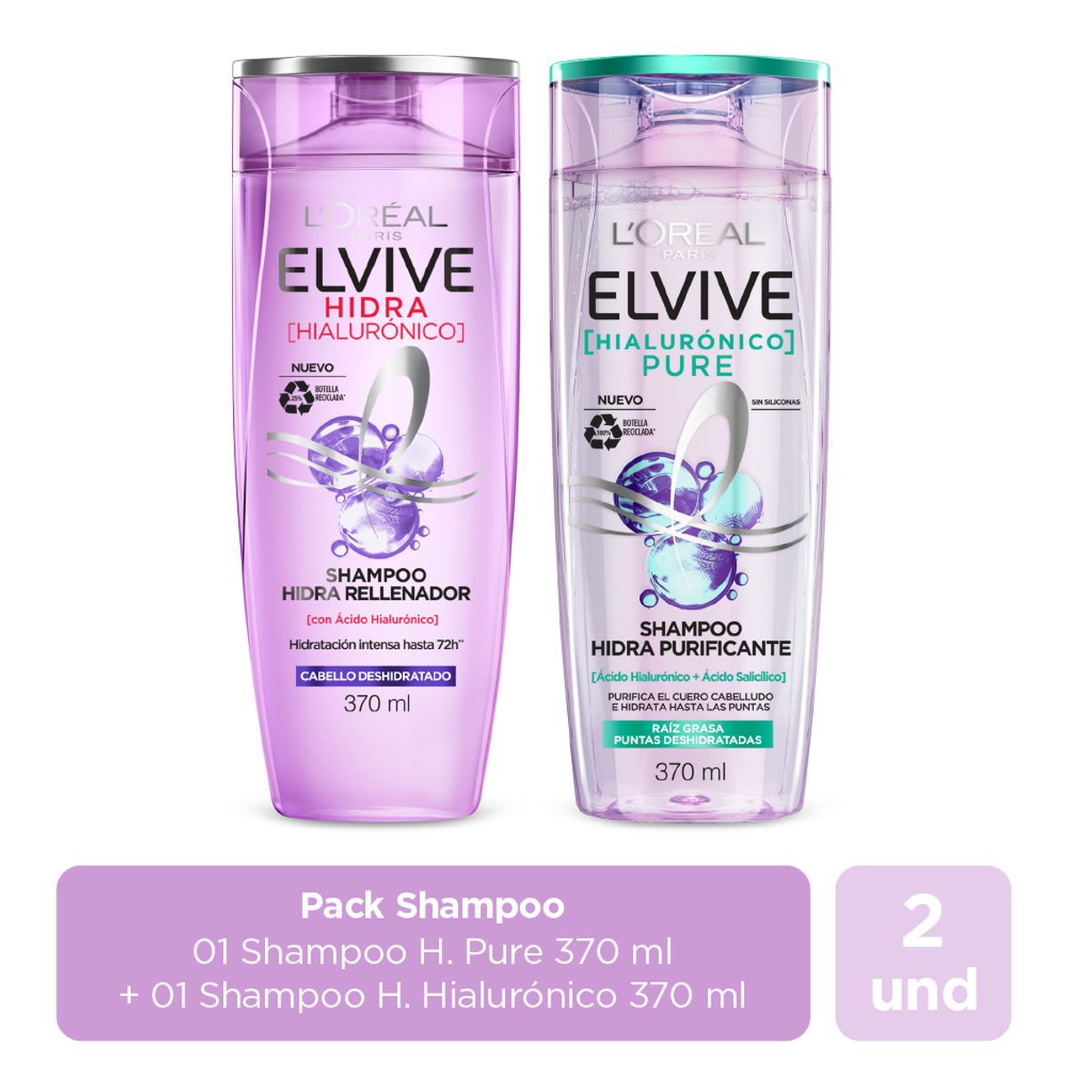 ELVIVE - Pack Elvive Shampoo Hialurónico Pure 370Ml + Shampoo Hidra Hialurónico 370Ml