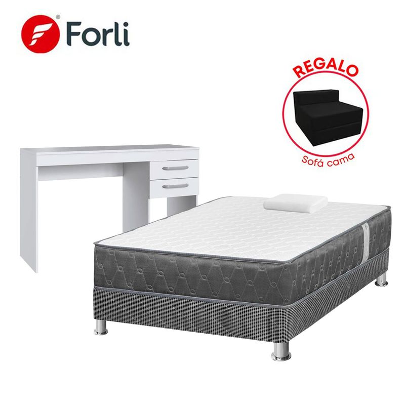 FORLI - Combo Cama Americana Acqua 1.5 Plazas Tags: Colchón + Box Tarima + Escritorio Blanco 2 Cajones + Sofá Cama + 1 Almohada