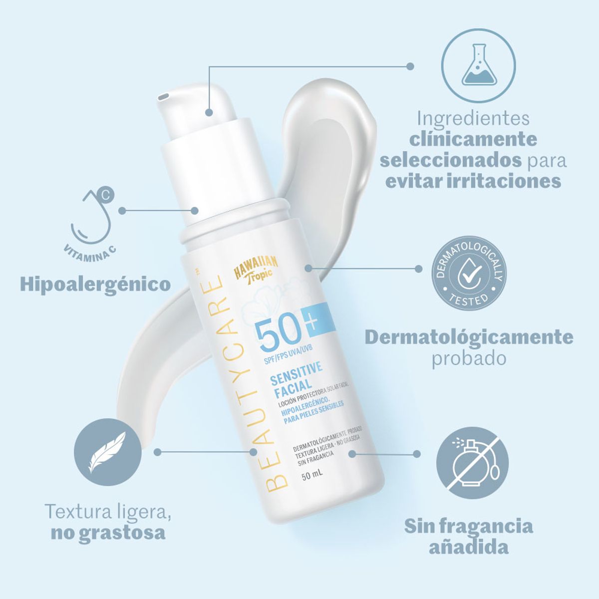 HAWAIIAN TROPIC - Protector Solar Facial Hawaiian Tropic Beauty Care Sensitive SPF50 Botella 50 mL
