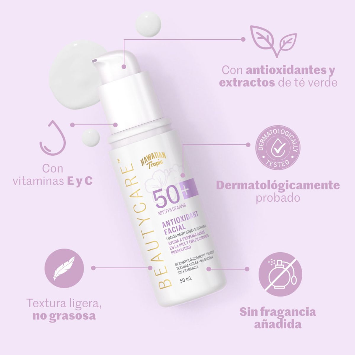 HAWAIIAN TROPIC - Protector Solar Facial Hawaiian Tropic Beauty Care Antioxidant SPF50 Botella 50 mL