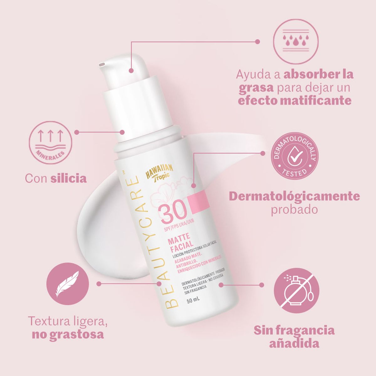 HAWAIIAN TROPIC - Protector Solar Facial Hawaiian Tropic Beauty Care Matte SPF30 Botella 50 mL