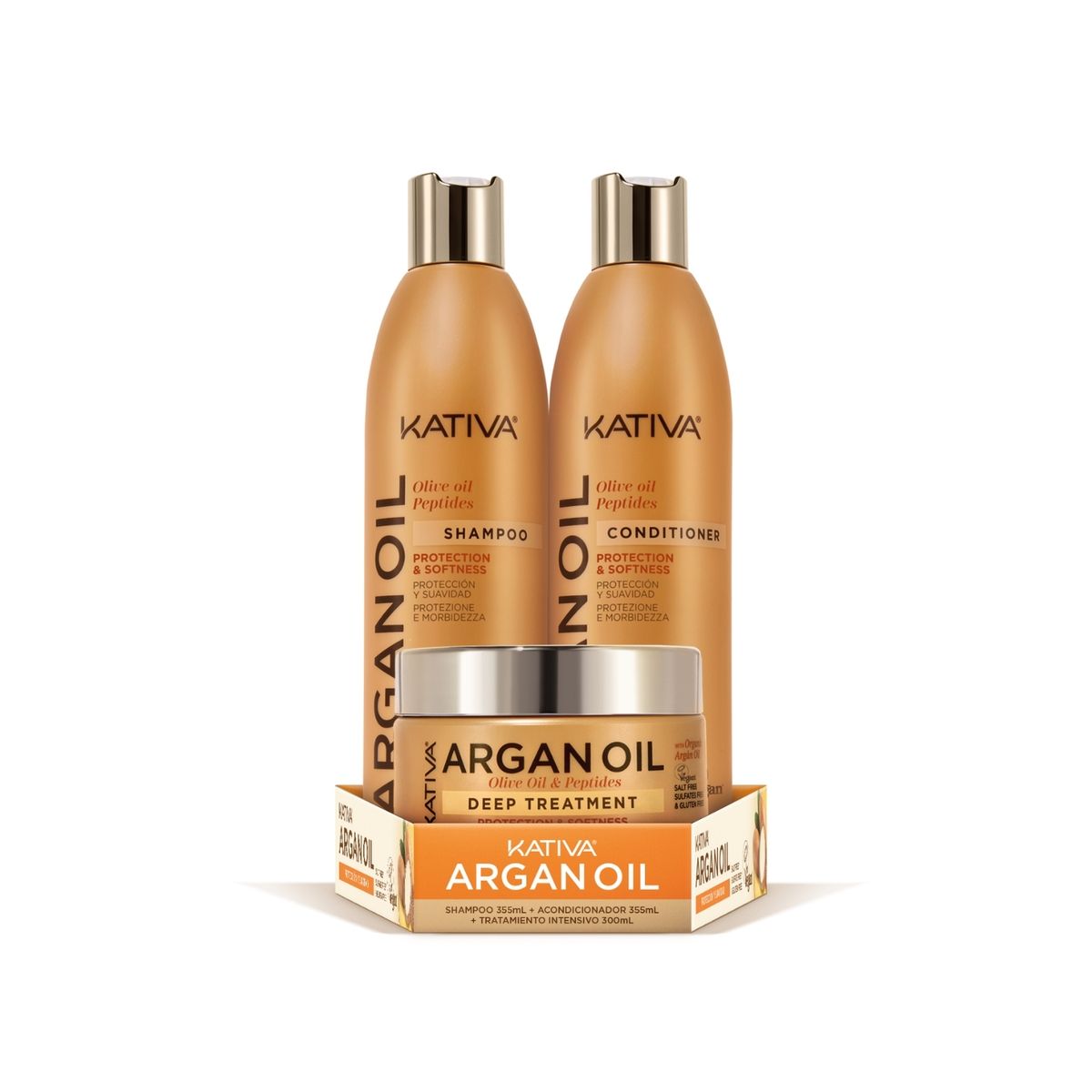 KATIVA - Kit Kativa Olive Oil Peptides Argán Shampoo 355 mL + Acondicionador 355 mL + Tratamiento 300 mL