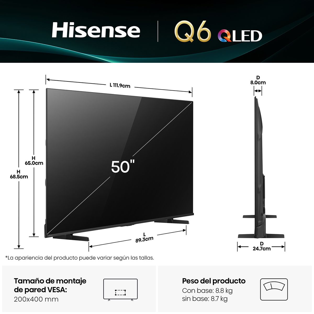 HISENSE - Televisor Hisense 50'' QLED UHD 4K