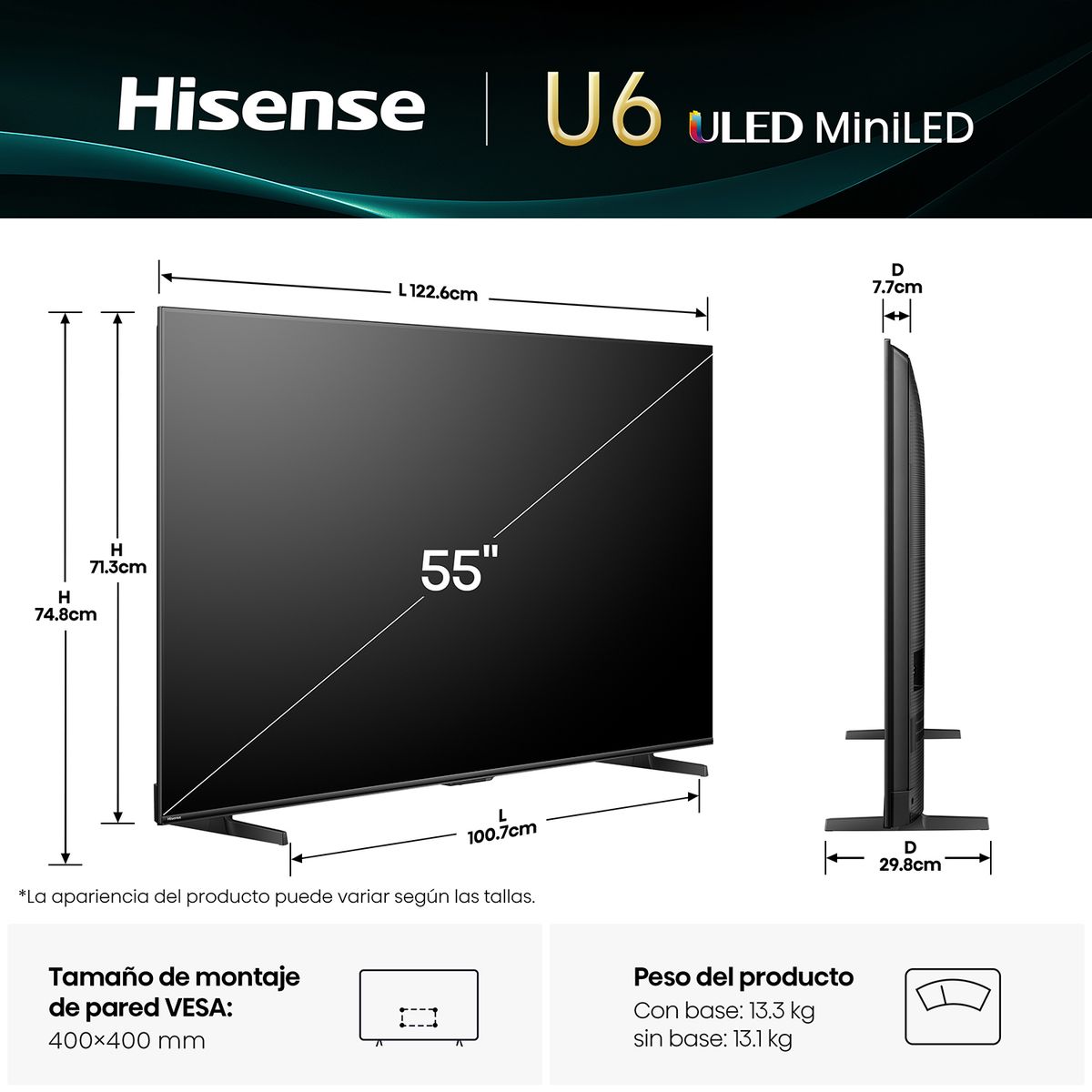 Hisense - Televisor Hisense 55'' ULED Miniled UHD 4K