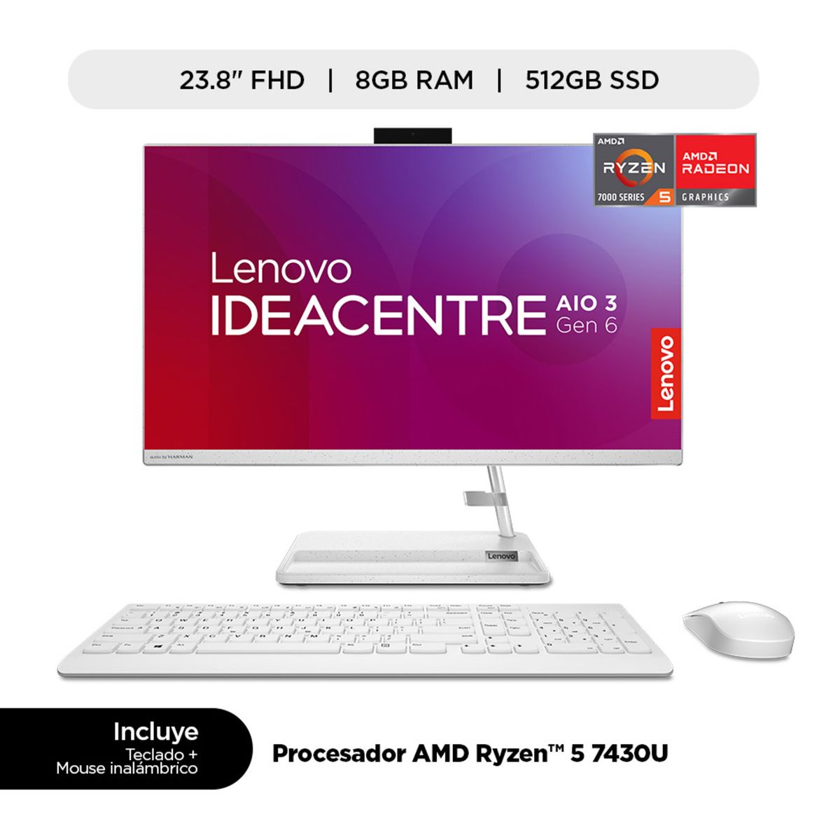 LENOVO - All in One Lenovo IdeaCentre AIO 3 AMD Ryzen 5 7430U, 8GB ram, 512GB SSD, 23.8" FHD