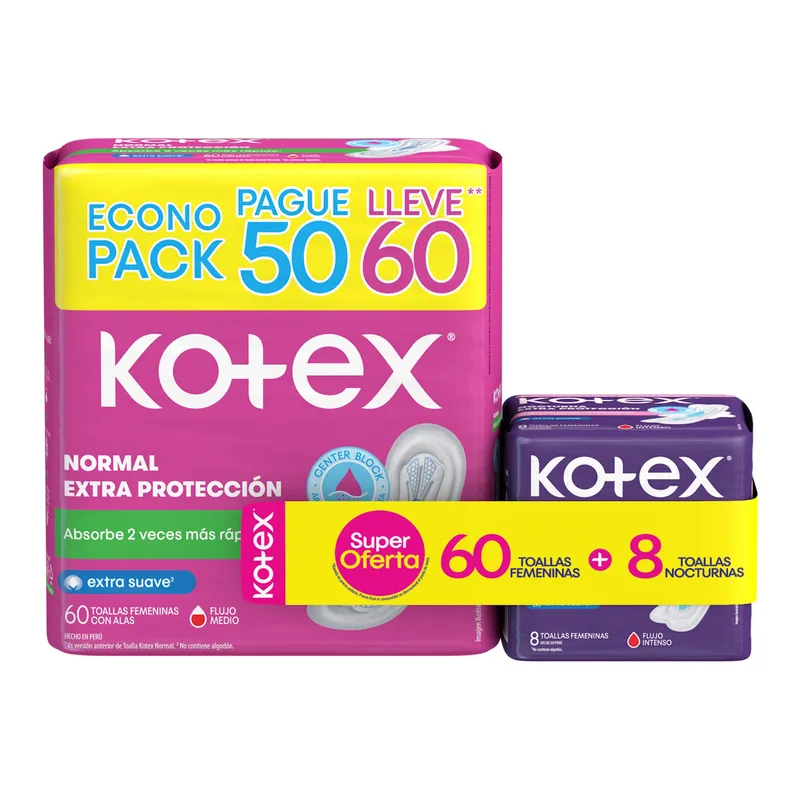 KOTEX - Toallas Higiénicas Kotex Normal 60 Und + Nocturno 8 Und