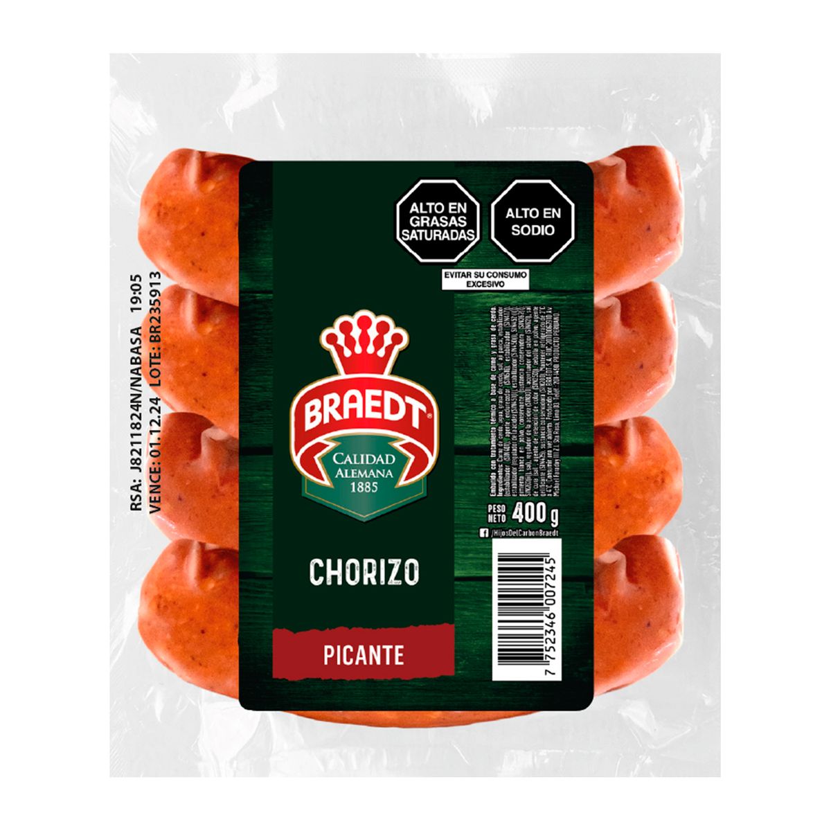 BRAEDT - Chorizo Braedt Picante Empaque 400 g