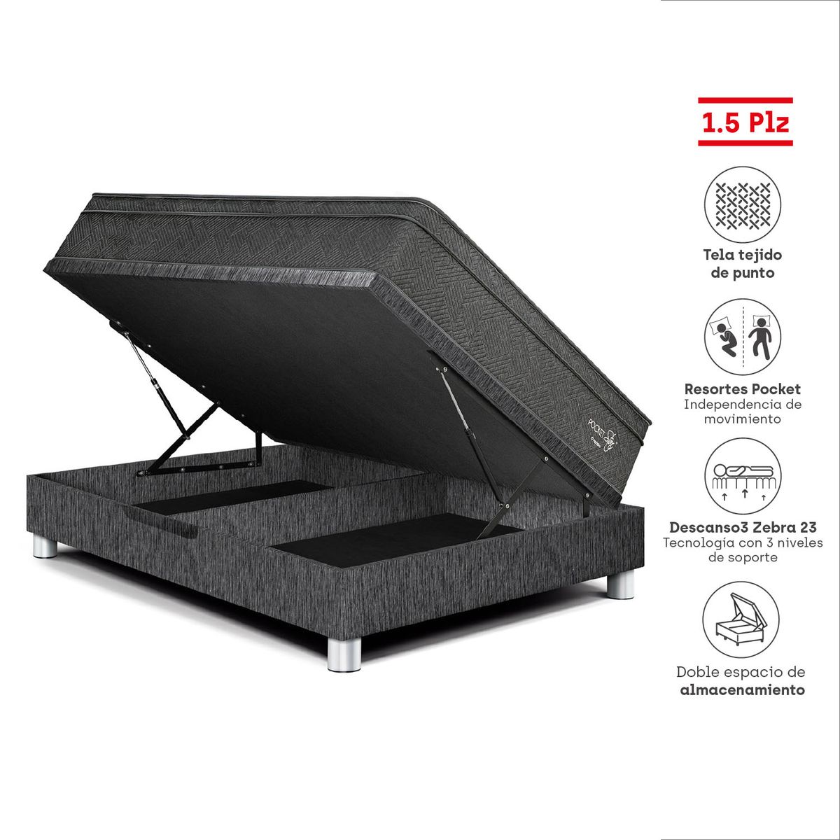 PARAISO - Dorm Boxet Pocket Star 1.5 Pzs Charcoal