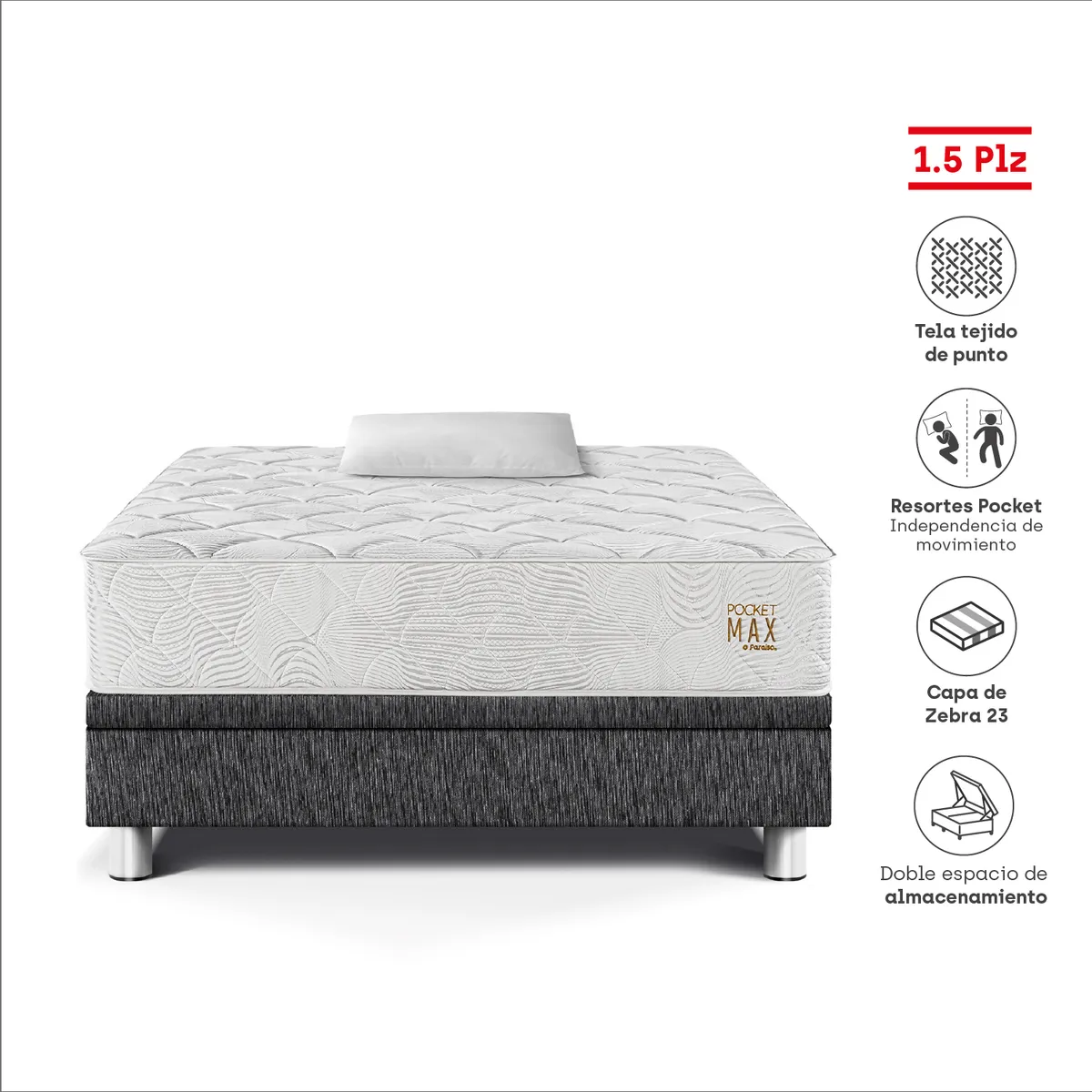 PARAISO - Cama Boxet Pocket Max 1.5 Pzs Charcoal