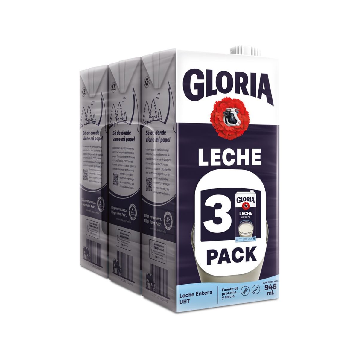 GLORIA - Leche UHT Entera Gloria Pack 3 Cajas 946 mL