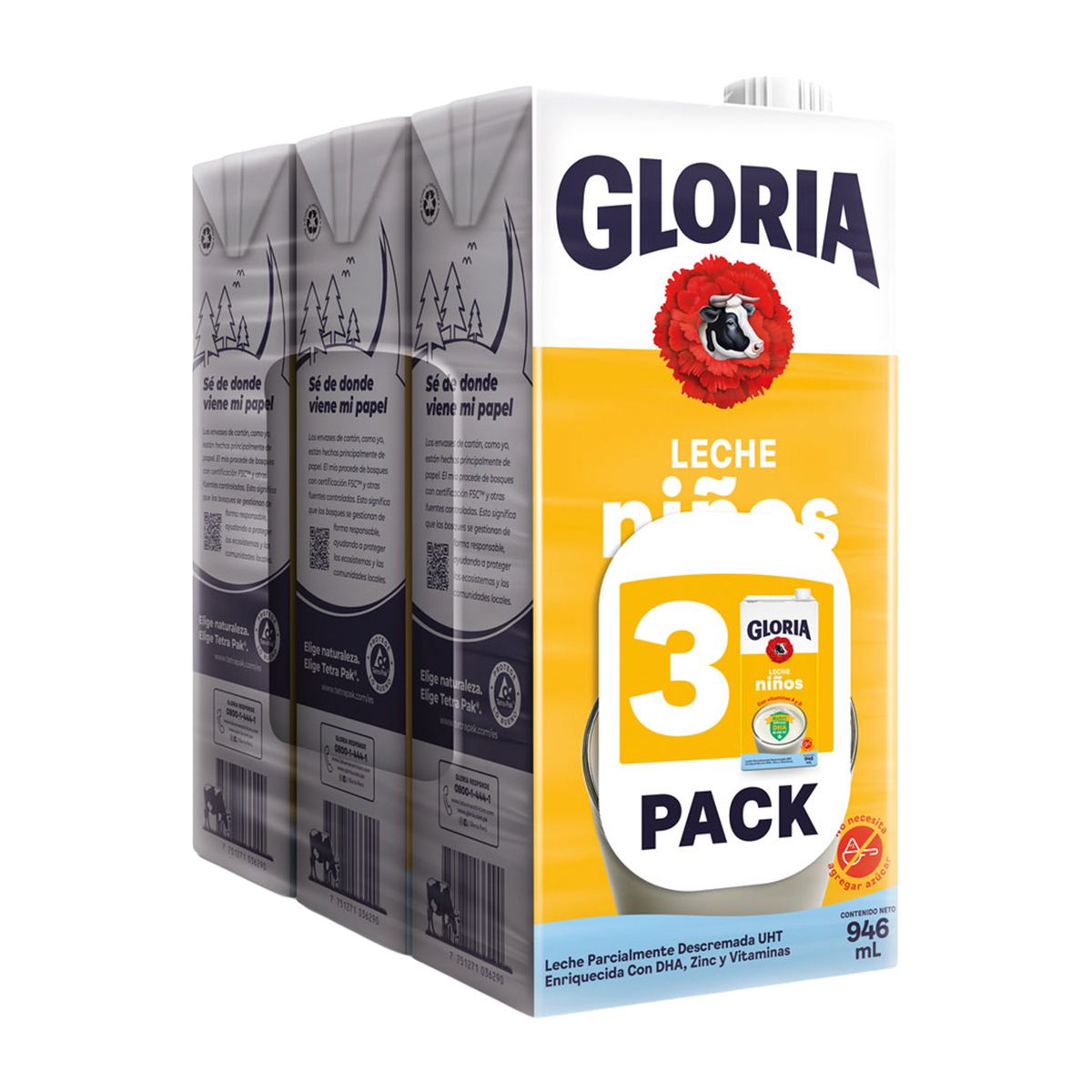 GLORIA - Leche UHT Gloria Niños con DHA Pack 3 Cajas 946 mL