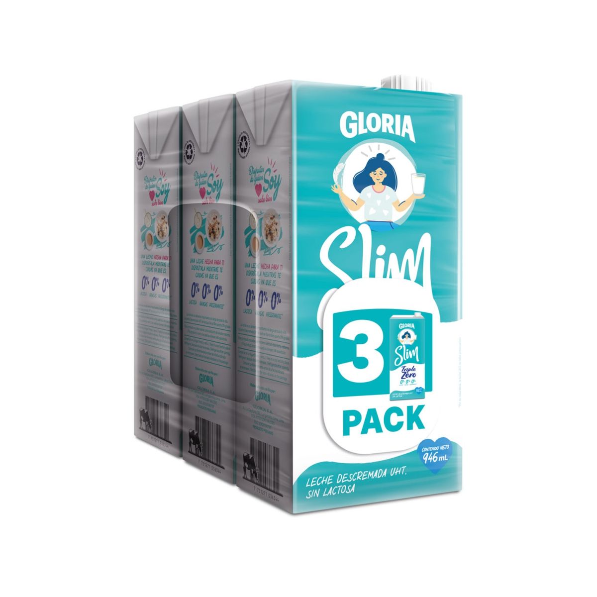 GLORIA - Leche UHT Gloria Slim Triple Zero Pack 3 Cajas 946 mL