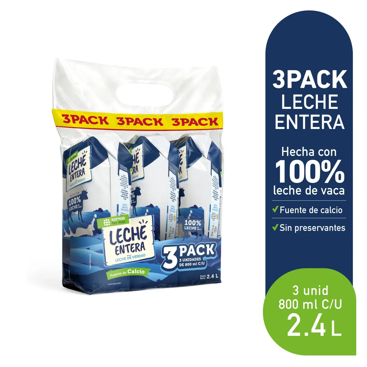 TOTTUS - Leche UHT Tottus Entera Tripack Bolsa 800 mL