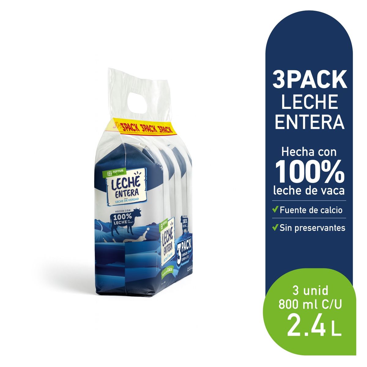 TOTTUS - Leche UHT Tottus Entera Tripack Bolsa 800 mL
