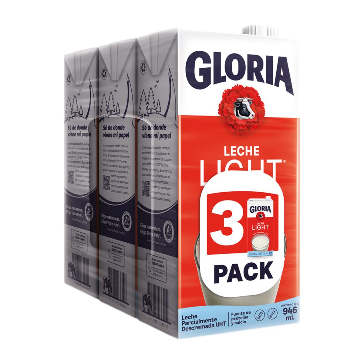 GLORIA - Leche Light UHT Gloria Pack 3 Cajas 946 mL