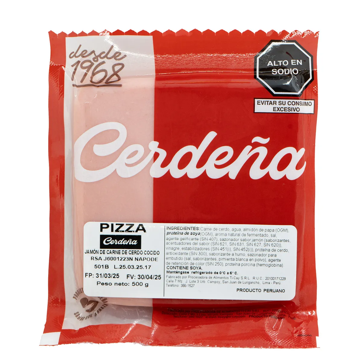 CERDENA - Jamón Pizzero Cocido Cerdeña Empaque 500 g